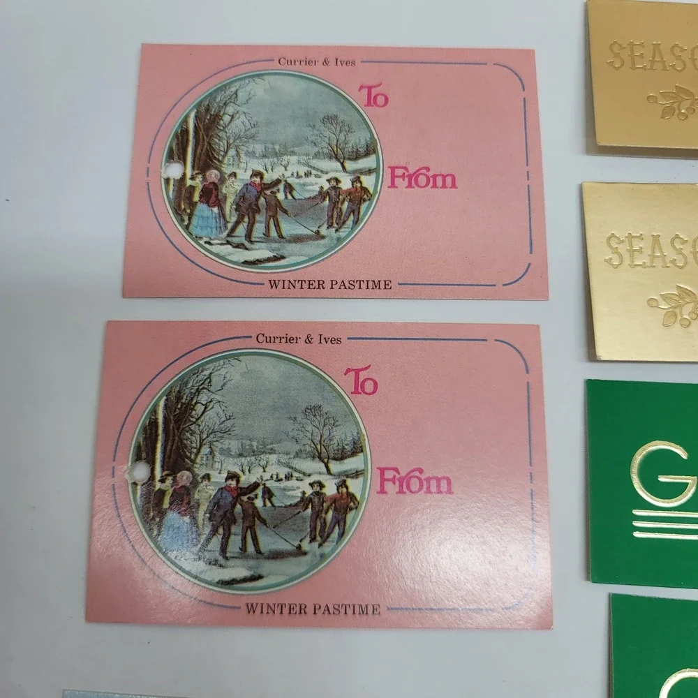 Vtg Christmas Gift Tags/Seals Lot 186pc Currier & Ives Retro Santa Angel Unused